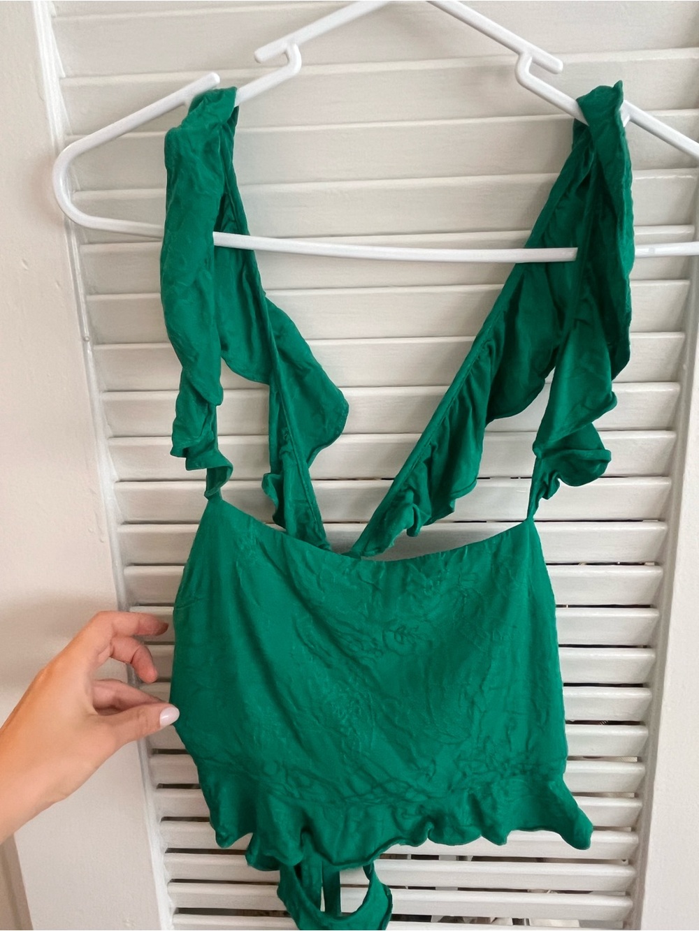 Privacy Please Emerald Green Ruffle Strap Crop top